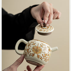 Ru Kiln “Golden Blossom & Blessing” Travel Tea Set – Portable Ceramic Teapot, Tray & Accessories