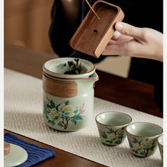 Ru Kiln Lotus Travel Tea Set in Celadon Green – Portable Crackled Teapot with 3 Cups for Outdoor Brewing