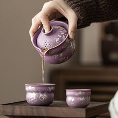 Purple Ru-Glazed Silver Peony Lotus Gourd Travel Tea Set
