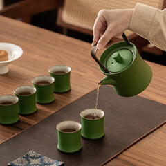 Bamboo Green Glaze Tea Set – One Teapot with Six Bamboo-Form Cups, Ceramic Gongfu Tea Gift Set