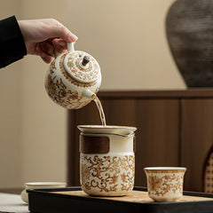 Ru Kiln “Golden Blossom & Blessing” Travel Tea Set – Portable Ceramic Teapot, Tray & Accessories