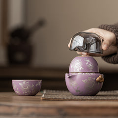 Chinese Style Purple Ru-Glazed Travel Tea Set – Teapot with 2 Cups, Lotus Motif, Portable Ceramic Gongfu Kit
