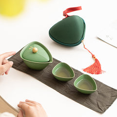“Zongzi” Travel Tea Set – Dumpling-Inspired Ceramic Teapot with Two Cups, Portable Gongfu Tea Gift Set