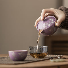 Chinese Style Purple Ru-Glazed Travel Tea Set – Teapot with 2 Cups, Lotus Motif, Portable Ceramic Gongfu Kit