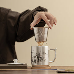 “Ink Mountains” Sterling-Silver Office Mug – Luxury Chinese Tea Infuser Cup with Gift Box