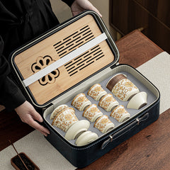 Ru Kiln “Golden Blossom & Blessing” Travel Tea Set – Portable Ceramic Teapot, Tray & Accessories