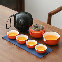 “Shishi Ruyi” Persimmon Travel Tea Set – Portable Ceramic Teapot & Cups