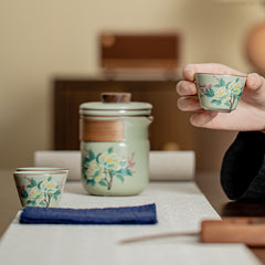 Ru Kiln Lotus Travel Tea Set in Celadon Green – Portable Crackled Teapot with 3 Cups for Outdoor Brewing