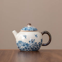 Handmade Jingdezhen Ru Kiln Teapot - 200ml Blue & White Butterfly Design