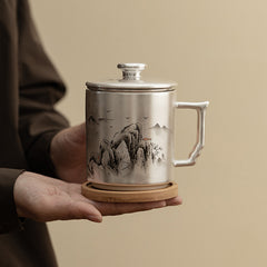 “Ink Mountains” Sterling-Silver Office Mug – Luxury Chinese Tea Infuser Cup with Gift Box