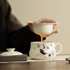 Ding Kiln Beige Panda & Butterfly Mug – Floral-Rim Ceramic Tea-Coffee Cup with Infuser