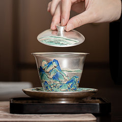 A Thousand Miles of Rivers and Mountains Silver-Inlaid Gaiwan – 120ml Ru Kiln Covered Teacup, Luxury Gongfu Tea Bowl Gift Set
