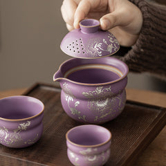 Purple Ru-Glazed Silver Peony Lotus Gourd Travel Tea Set