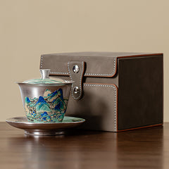 A Thousand Miles of Rivers and Mountains Silver-Inlaid Gaiwan – 120ml Ru Kiln Covered Teacup, Luxury Gongfu Tea Bowl Gift Set