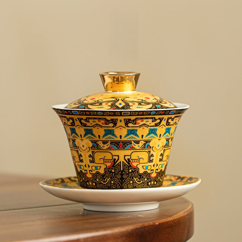 Handmade Ceramic Enamel Sancai Cover Bowl - 170ml