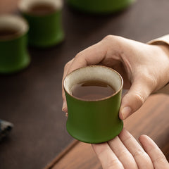 Bamboo Green Glaze Tea Set – One Teapot with Six Bamboo-Form Cups, Ceramic Gongfu Tea Gift Set