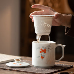 Linglong White Porcelain Office Mug – 400ml Tea-Separating Ceramic Cup with Lid & Infuser