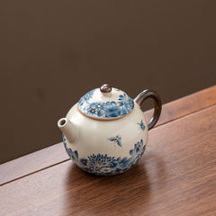 Handmade Jingdezhen Ru Kiln Teapot - 200ml Blue & White Butterfly Design