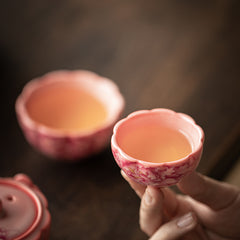 Rose-Pink Glazed "Peony Elegance" Travel Tea Set – 1 Teapot & 2 Cups, Portable Ceramic Kung Fu Teaware