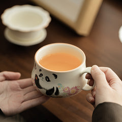 Ding Kiln Beige Panda & Butterfly Mug – Floral-Rim Ceramic Tea-Coffee Cup with Infuser