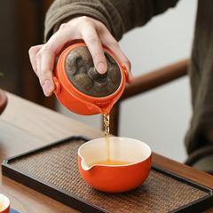 “Shishi Ruyi” Persimmon Travel Tea Set – Portable Ceramic Teapot & Cups