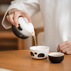 “Panda Fubao Gift Set” Travel Tea Set – Portable Ceramic Teapot with two Cups, Gongfu Tea Kit for Outdoor Use