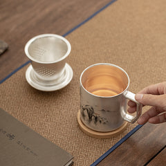 “Ink Mountains” Sterling-Silver Office Mug – Luxury Chinese Tea Infuser Cup with Gift Box