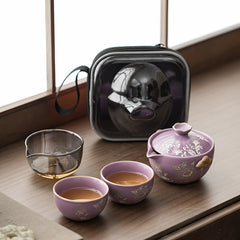 Chinese Style Purple Ru-Glazed Travel Tea Set – Teapot with 2 Cups, Lotus Motif, Portable Ceramic Gongfu Kit