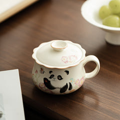 Ding Kiln Beige Panda & Butterfly Mug – Floral-Rim Ceramic Tea-Coffee Cup with Infuser