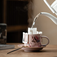 Pink Ru Kiln Floral Cat Coffee Cup & Saucer Set – 150ml  Ceramic Tea Mug for Home & Office