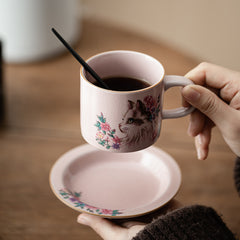 Pink Ru Kiln Floral Cat Coffee Cup & Saucer Set – 150ml  Ceramic Tea Mug for Home & Office