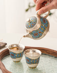 Filigree silver enamel color  silver one pot two cups with tray set - 150ml
