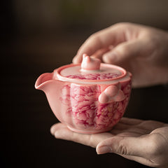 Rose-Pink Glazed "Peony Elegance" Travel Tea Set – 1 Teapot & 2 Cups, Portable Ceramic Kung Fu Teaware