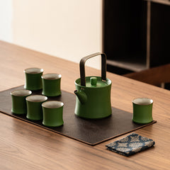 Bamboo Green Glaze Tea Set – One Teapot with Six Bamboo-Form Cups, Ceramic Gongfu Tea Gift Set