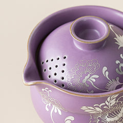 Purple Ru-Glazed Silver Peony Lotus Gourd Travel Tea Set