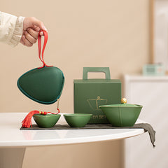 “Zongzi” Travel Tea Set – Dumpling-Inspired Ceramic Teapot with Two Cups, Portable Gongfu Tea Gift Set