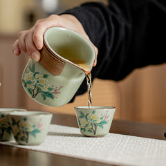 Ru Kiln Lotus Travel Tea Set in Celadon Green – Portable Crackled Teapot with 3 Cups for Outdoor Brewing