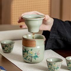 Ru Kiln Lotus Travel Tea Set in Celadon Green – Portable Crackled Teapot with 3 Cups for Outdoor Brewing