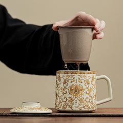 Ru Kiln “Golden Blessing” Office Mug – Ceramic Tea-Separating Cup for Personal Use at Home or Work