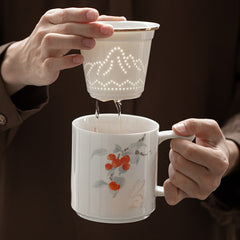 Linglong White Porcelain Office Mug – 400ml Tea-Separating Ceramic Cup with Lid & Infuser