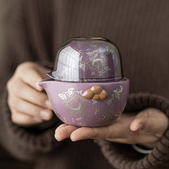 Chinese Style Purple Ru-Glazed Travel Tea Set – Teapot with 2 Cups, Lotus Motif, Portable Ceramic Gongfu Kit
