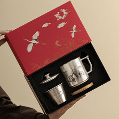 “Ink Mountains” Sterling-Silver Office Mug – Luxury Chinese Tea Infuser Cup with Gift Box