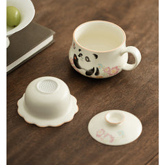 Ding Kiln Beige Panda & Butterfly Mug – Floral-Rim Ceramic Tea-Coffee Cup with Infuser