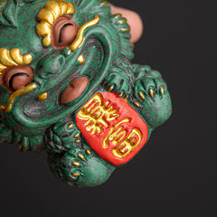 Prosperity Lion Figurine – Auspicious Feng Shui Ornament for Wealth & Fortune, Green Sandstone Sculpture with Gift Box