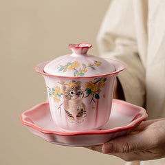 Zhurong Glaze Gaiwan – 120ml Yellow Floral Cat Three-Part Covered Bowl, Ceramic Gongfu Teaware