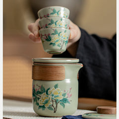Ru Kiln Lotus Travel Tea Set in Celadon Green – Portable Crackled Teapot with 3 Cups for Outdoor Brewing