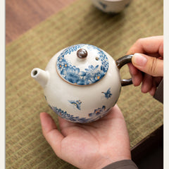 Handmade Jingdezhen Ru Kiln Teapot - 200ml Blue & White Butterfly Design