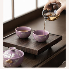 Chinese Style Purple Ru-Glazed Travel Tea Set – Teapot with 2 Cups, Lotus Motif, Portable Ceramic Gongfu Kit