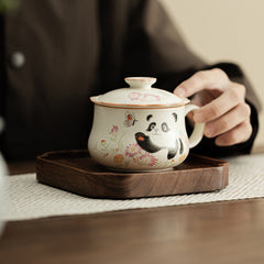 Ding Kiln Beige Panda & Butterfly Mug – Floral-Rim Ceramic Tea-Coffee Cup with Infuser