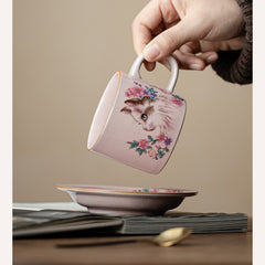 Pink Ru Kiln Floral Cat Coffee Cup & Saucer Set – 150ml  Ceramic Tea Mug for Home & Office